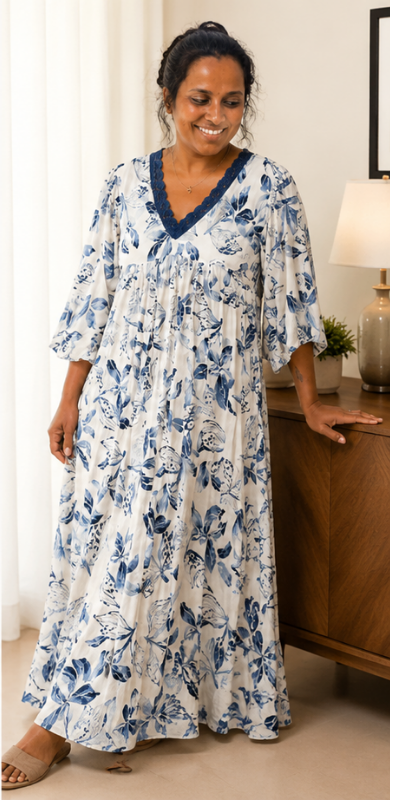 Ivory Blue Botanical Feeding Dress
